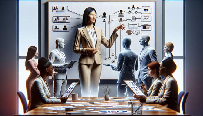 Leader at whiteboard in modern office outlines delegation flowchart, holding tablets and charts for team tasks.