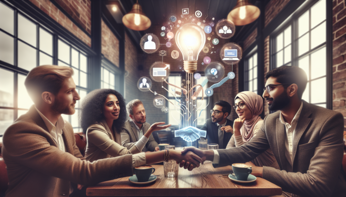 Small business owners in a cozy Ottery St Mary cafe brainstorm social media strategies, including user-generated content and algorithm adaptations for engagement.