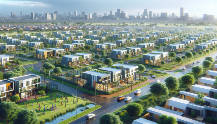 Modern affordable homes in a Johannesburg suburb, surrounded by green parks and residents at community events, symbolising urban growth.
