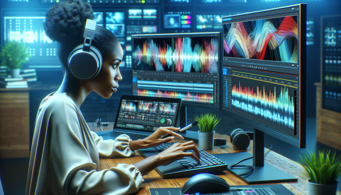 A skilled video editor in a modern Beaminster suite refines footage on high-res screens, applying colour grading and dynamic graphics.