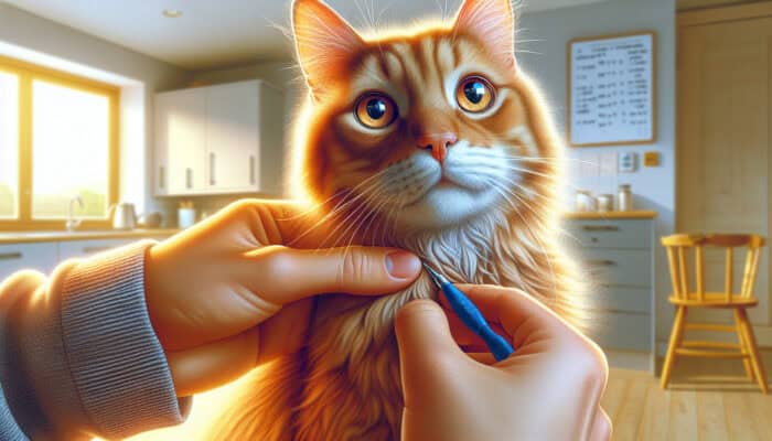 A concerned owner gently pinches a fluffy tabby cat's scruff in a sunlit kitchen, checking for dehydration as the alert cat's eyes glow in morning light.