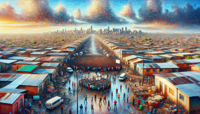 Bustling Lephalale neighbourhood featuring crowded streets, cracked roads, and diverse residents advocating for affordable housing under a vibrant sky.