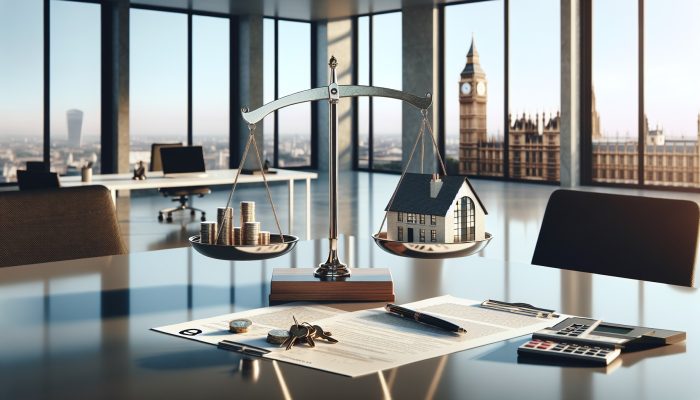 A balanced scale in a London office: house and keys for secured loans versus pound notes and credit report for unsecured, under Big Ben.