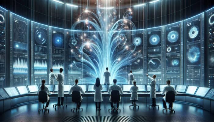 Futuristic control room with holographic charts surging like vines, analysts in lab coats monitoring screens amid blue data streams.