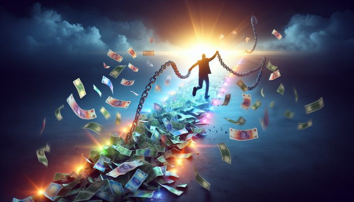 A person breaking free from tangled chains of banknotes and loans, merging into a glowing path toward financial stability and rising credit scores.
