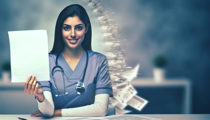 Smiling NHS nurse in scrubs holds loan document at desk, as credit card bills fade, symbolizing financial relief.