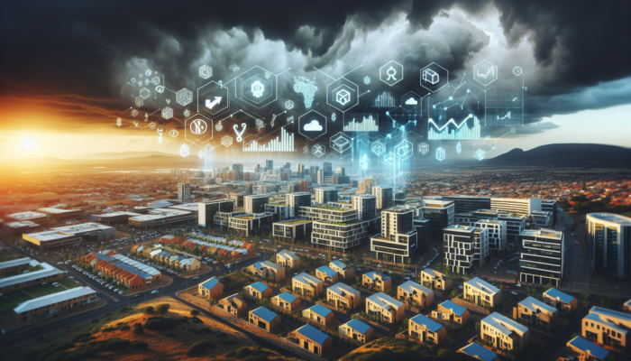 A panoramic view of Rustenburg's cityscape with modern homes, commercial buildings, rental units, and investors analysing charts under a stormy sky.
