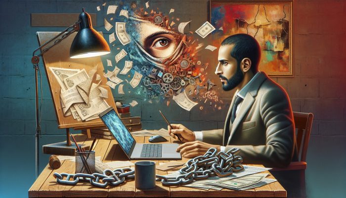 Self Employed Debt Consolidation: What to Know | DCL Determined entrepreneur reviews financial charts and debt documents on a laptop at a cluttered desk, with broken chains symbolising freedom in a warm home office.