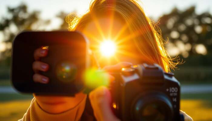 Photographer capturing a vibrant portrait during golden hour, with warm sunlight illuminating the subject's face and a reflector softening shadows.