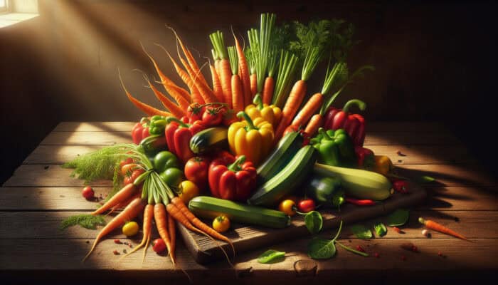 Vibrant fresh vegetables like firm carrots, colorful bell peppers, and blemish-free zucchini on a rustic wooden table under warm sunlight.