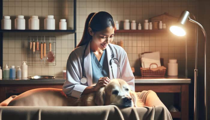 Veterinarian gently giving pain relief to elderly golden retriever on a soft bed in a cozy clinic with medical tools.