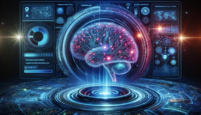 A glowing AI brain in a futuristic digital landscape analyzes data streams, neural networks, and holographic interfaces.