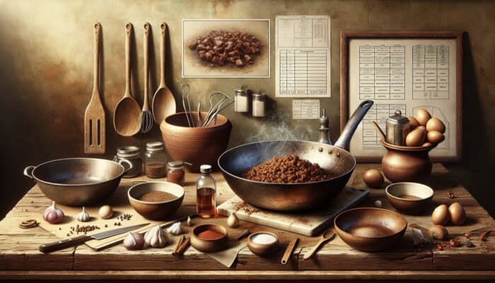 Rustic kitchen counter with gleaming frying pan, spiced meat in ceramic bowl, and sturdy baking dish for Bobotie.