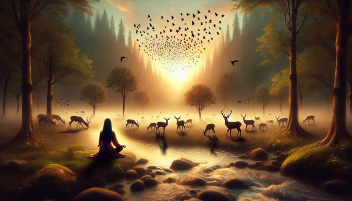 A person meditating in a dawn forest glade, focused on deer grazing by a stream with birds fluttering above.
