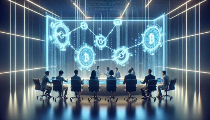 Diverse experts in a futuristic conference room analyze holographic blockchain chains intertwined with transparent ad banners under blue lighting.