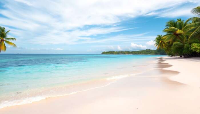 A tranquil Belizean beach at dawn: turquoise waters lapping white sand, swaying palm trees, and colourful fish in vibrant reefs.