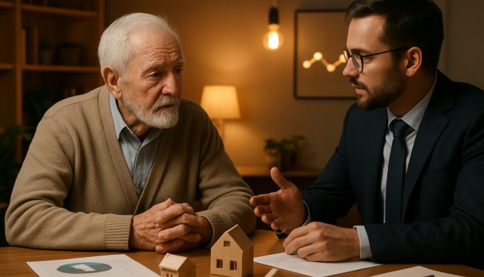 Elderly person consulting financial advisor in cosy office with house models, charts, and light bulbs for equity release advice.