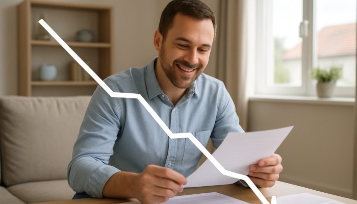 Contemporary UK home with declining debt graph, as pleased homeowner assesses repayment mortgage documents.