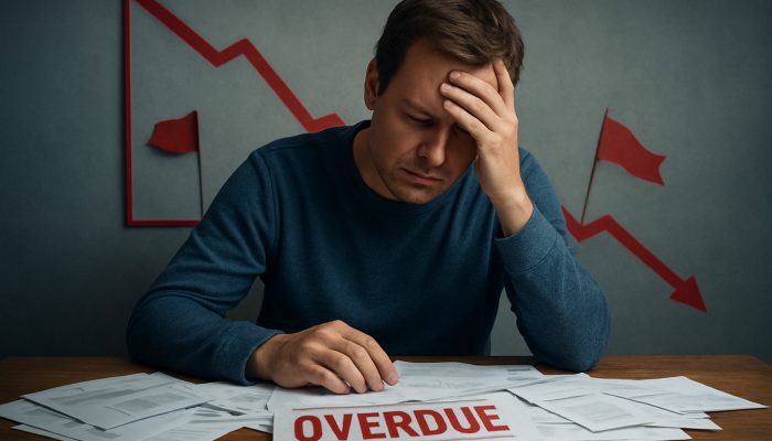 Anxious UK borrower at desk surrounded by overdue bills, warning signs, and declining credit score graph.