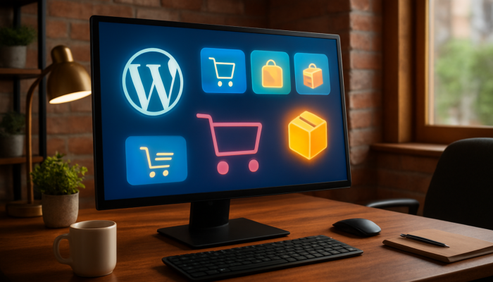 Vibrant WordPress dashboard in a Bridport office, showcasing WooCommerce e-commerce icons and shopping carts.