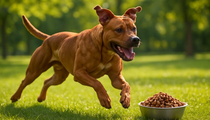 Muscular dog sprinting in a sunlit park with a bowl of high-protein kibble nearby.