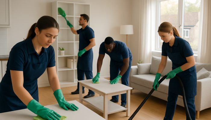 Professional cleaners in uniforms tidying a bright UK apartment with eco-friendly tools.
