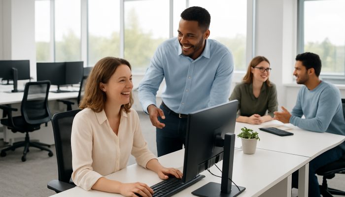 A modern Ilchester office featuring spotless desks, ergonomic workstations, and happy employees collaborating.