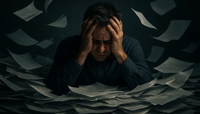Reflecting on Your Debt Consolidation Journey: Valuable UK Insights | DCL Person overwhelmed by unpaid bills, expressing financial distress
