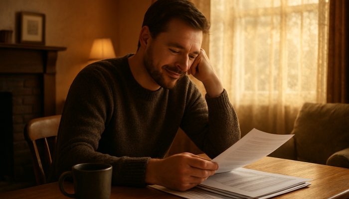 Reflecting on Your Debt Consolidation Journey: Valuable UK Insights | DCL Individual evaluating consolidated debt documents in a comfortable British home, appearing relieved and clear-headed.