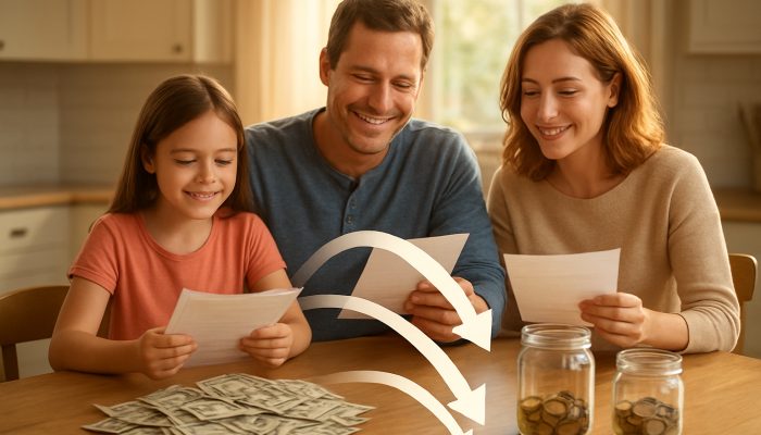 Reflecting on Your Debt Consolidation Journey: Valuable UK Insights | DCL Family consolidating bills into a single payment at a sunlit kitchen table with savings jars.