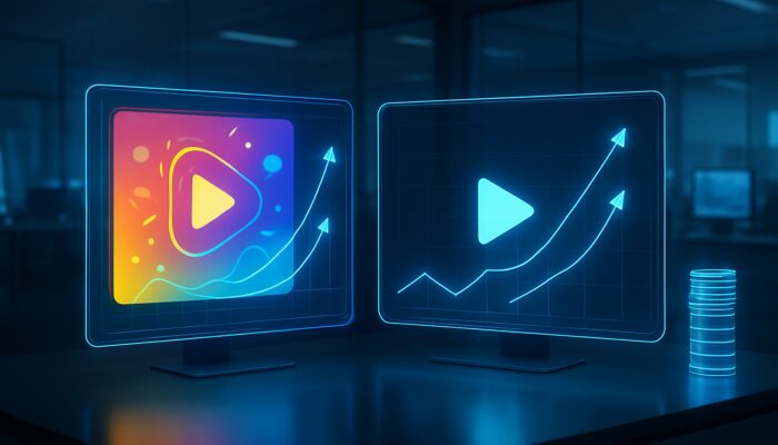 Holographic split-screen comparing dynamic vs minimalist video ads with performance graphs for A/B testing optimisation