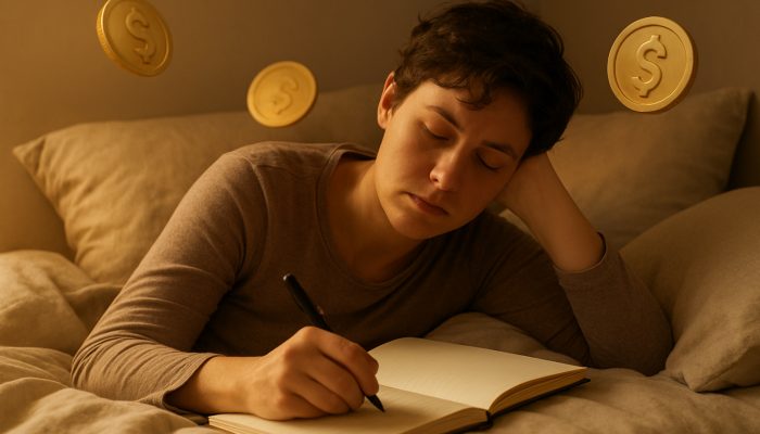 Exhausted person resting in bed drafting gentle debt repayment plan in journal with warm golden light