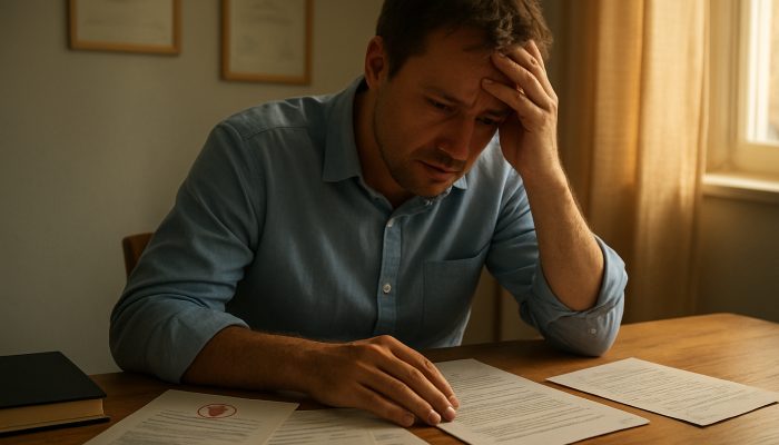 Concerned person at brightly lit desk with medical certificates, bills, and letter requesting creditor relief