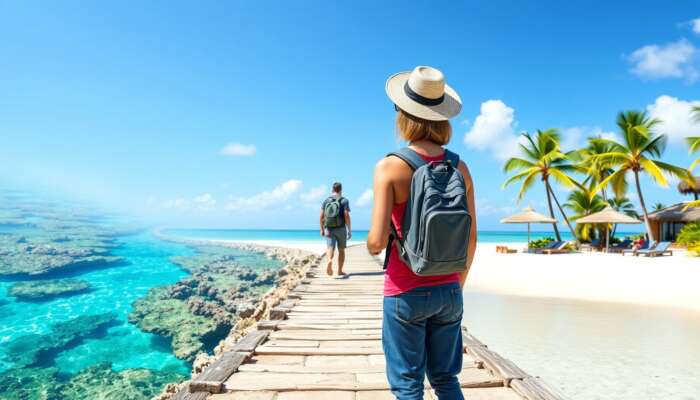 A traveller at a crossroads: one path leading to scuba diving in turquoise waters with coral reefs, the other to yoga on a sun-kissed beach with palm trees.