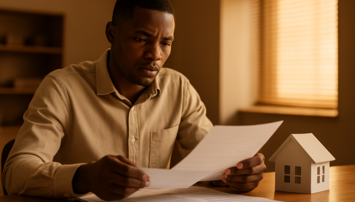 Determined South African applicant assessing payslips and contracts for home loan at the bank.