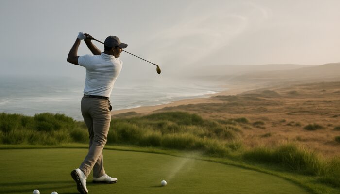South African golfer selects low-compression balls on misty Durban coast contrasted with Karoo plains and a soaring ball in the wind
