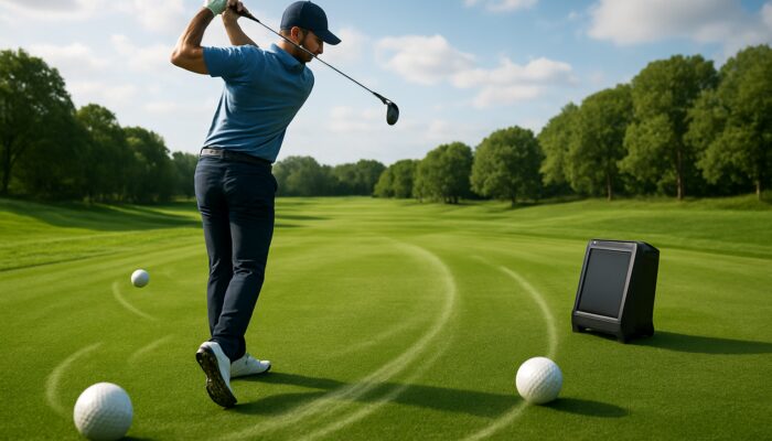 Focused golfer mid-swing on a lush course with launch monitor displaying swing speed and rolling golf balls