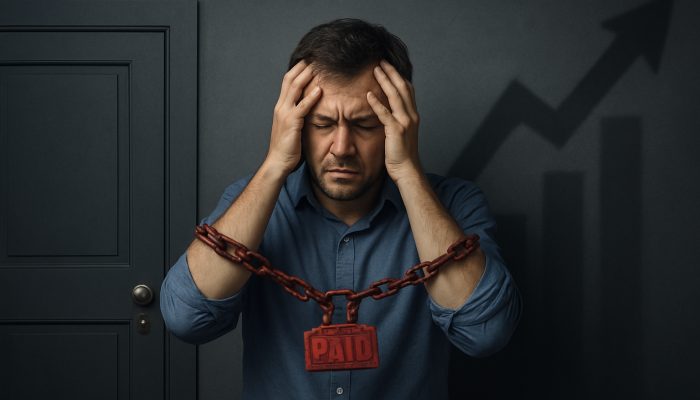 How Missed Payments Affect New Loan Chances: UK Consequences | DCL Stressed borrower shackled by missed payments before locked doors of mortgage and loan opportunities with rising insurance costs