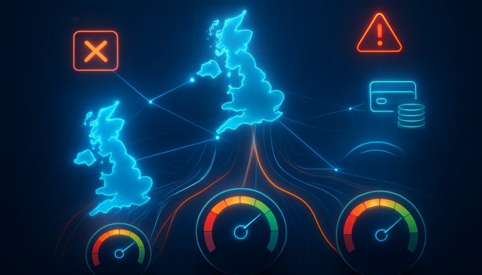 How Missed Payments Affect New Loan Chances: UK Consequences | DCL Futuristic digital web connecting UK credit agencies Experian, Equifax, TransUnion with score meters and payment alerts