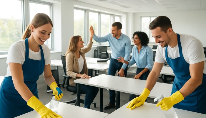 Professional cleaners sanitising a bright modern office while enthusiastic employees collaborate energetically