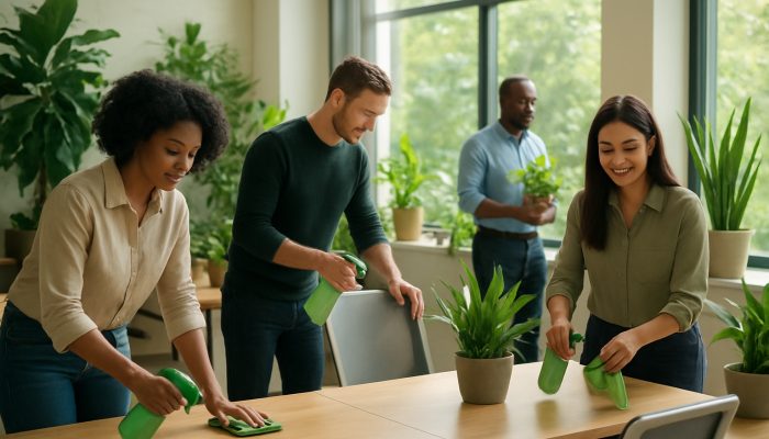 Diverse employees using eco-cleaners in a bright Crewkerne office with plants for sustainability.