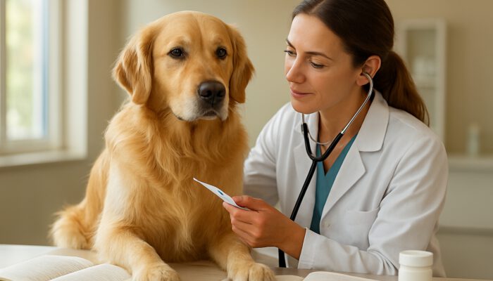 Veterinarian examines golden retriever using a stethoscope and thermometer amid medical records in a well-lit clinic