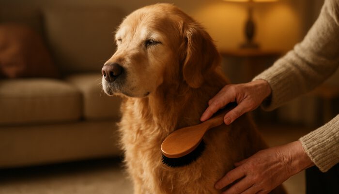Elderly golden retriever with dry, patchy fur being gently brushed by owner in a cozy home.