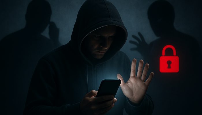 Cautious individual guards glowing smartphone from shadowy callers featuring a "Stay Secure Now" red lock icon.