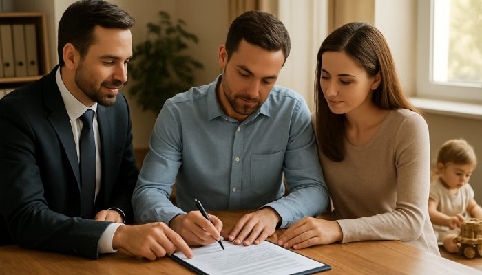 Sharing Money Talk With Your Co Parent: Practical Advice | DCL Family lawyer assists co-parents in signing financial agreement as child plays in a sunlit office