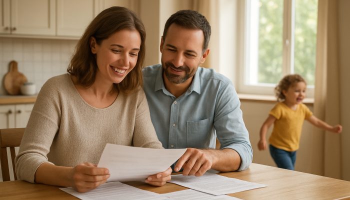 Sharing Money Talk With Your Co Parent: Practical Advice | DCL Co-parents review finances at a sunlit kitchen table with a child playing nearby in a stable home