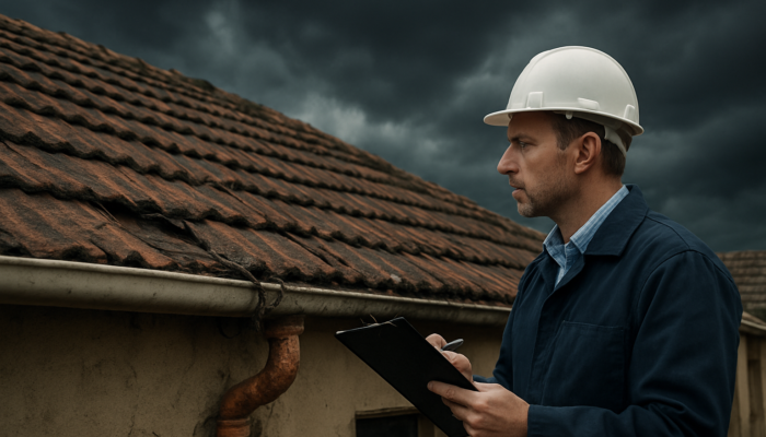 Professional inspector assessing cracked roof and exposed wiring on an older South African home in Springs under a stormy sky.