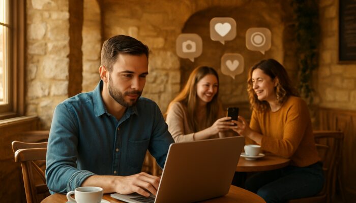 Café owner in Cirencester reviews Instagram posts on laptop amid happy patrons in golden light