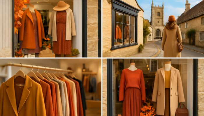 Cirencester boutique showcasing seasonal fashion displays with Cotswold landmarks and Instagram overlays
