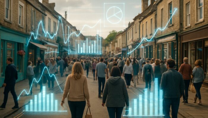Midsomer Norton high street with shoppers overlaid by glowing digital charts of market trends.